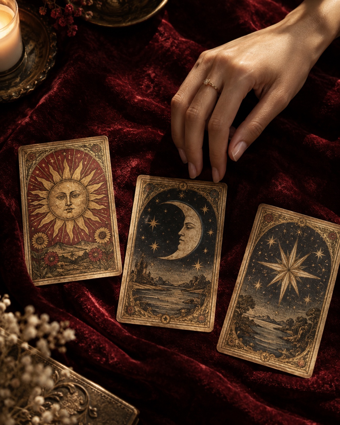 Tarotkarten auf bordeauxfarbenem Samt im warmen Licht